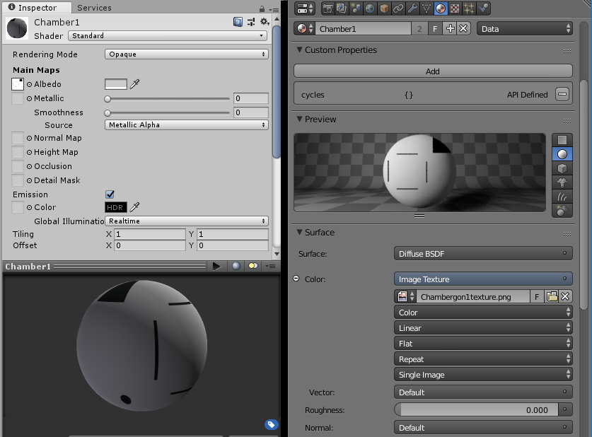 The materials panel in both Unity and Blender, showing the settings, as well as an image of what the material's texture would look like if applied to a sphere